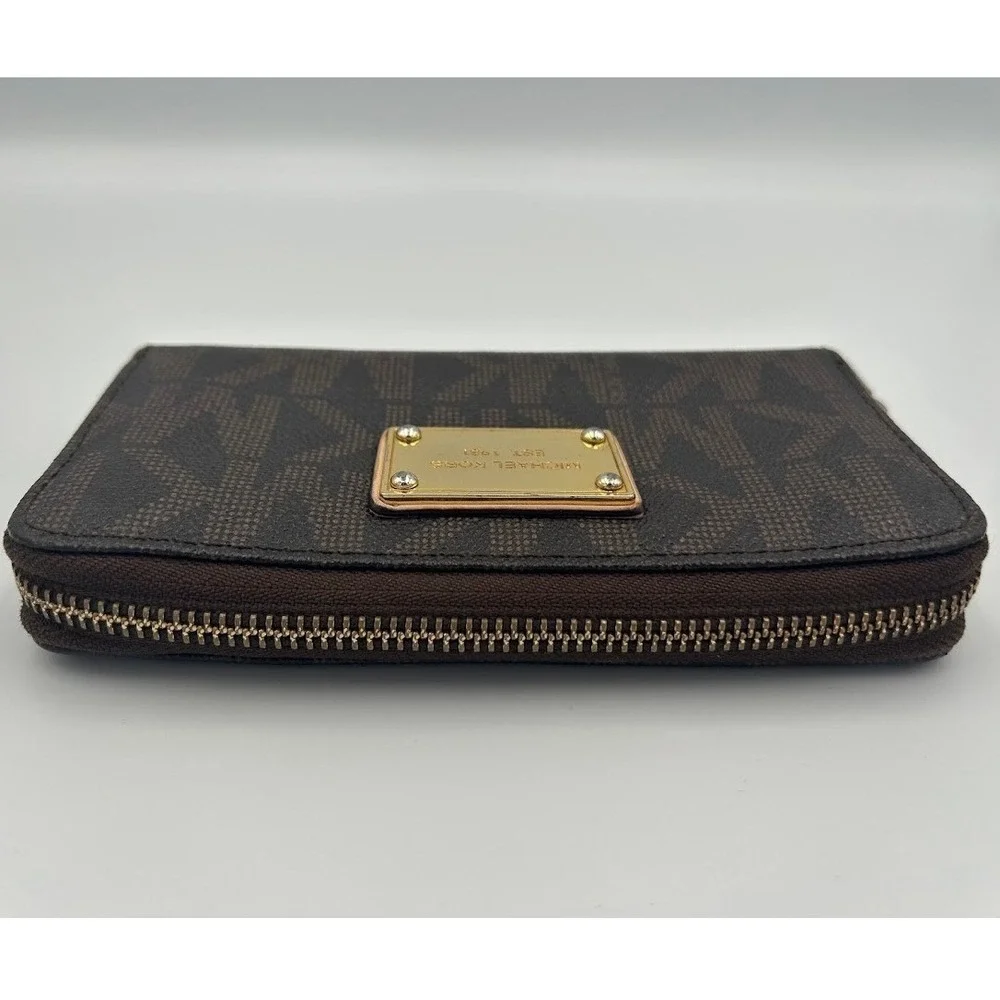 Michael Kors Dark Brown‎ Monogram MK Logo Zip Around Wallet Goldtone Hardware